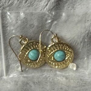 Gold-Tone Dangle Earrings with Turquoise Eye Accent